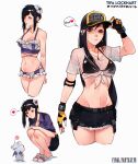  1girl 1other baseball_cap bikini bikini_skirt bikini_under_clothes black_bikini black_hair black_shorts black_skirt breasts cesar_art456 cleavage crop_top cropped_legs denim denim_shorts denim_skirt elbow_pads final_fantasy final_fantasy_vii final_fantasy_vii_ever_crisis final_fantasy_vii_rebirth final_fantasy_vii_remake fingerless_gloves flower frayed_skirt frilled_bikini frills front-tie_top gloves hair_flower hair_ornament hat heart highres looking_at_viewer miniskirt moogle multiple_persona official_alternate_costume official_alternate_hairstyle sandals see-through see-through_cleavage see-through_shirt shirt short_shorts shorts single_elbow_pad skirt smile spoken_heart squatting swimsuit thighs tifa_lockhart tifa_lockhart_(lifeguard) two-tone_headwear wet wet_clothes wet_shirt 