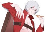  absurdres bechu belt_bra blue_eyes breasts coat dante_(devil_may_cry) devil_may_cry_(series) food genderswap genderswap_(mtf) grey_hair hair_between_eyes highres holding holding_food holding_pizza large_breasts looking_at_viewer open_clothes open_coat pizza red_coat short_hair simple_background solo upper_body white_background 