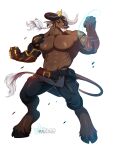 alberich_slayne anthro bovid bovine european_mythology greek_mythology hair hi_res hooves horn magic male mammal minotaur muscular mythology plna prosthetic prosthetic_limb solo tail text url white_hair