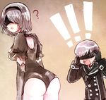  1boy 1girl ? ass back_cutout black_gloves blindfold breasts commentary elbow_gloves from_behind gloves kataro leotard medium_breasts nier_(series) nier_automata short_hair silver_hair yorha_no._2_type_b yorha_no._9_type_s 