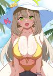  1girl 1other bare_arms bare_legs bare_shoulders bikini blue_archive blush breasts cleavage day girl_on_top green_eyes green_halo hair_between_eyes halo hat heart highres io9 large_breasts light_brown_hair long_hair looking_at_viewer navel nonomi_(blue_archive) nonomi_(swimsuit)_(blue_archive) official_alternate_costume open_mouth outdoors smile swimsuit white_headwear yellow_bikini 