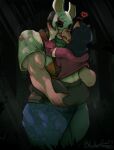 arms_around_waist black_eyes black_sclera bludermaus boop caressing_cheek clothing dead_by_daylight duo female female/female forest hand_on_back hand_on_butt hand_on_cheek hand_under_shirt heart_symbol holding_up_other_character human huntress_(dead_by_daylight) kissing mammal mask muscular muscular_female nose_boop pig_(dead_by_daylight) plant size_difference tree