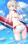  ass bad_anatomy bad_arm bikini blonde_hair blue_eyes breasts graf_zeppelin_(kantai_collection) highres kantai_collection large_breasts long_hair ocean open_mouth side-tie_bikini sidelocks solo swimsuit translated twintails wading xenonstriker 