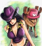  1boy 1girl alternate_costume antlers antlers_through_headwear artist_name black_hair blue_eyes blunt_bangs commentary cowboy_hat english_commentary greciiagzz hat hat_over_one_eye highres horns instagram_logo instagram_username long_hair nico_robin one_eye_covered one_piece pink_headwear purple_headwear reindeer_antlers tongue tongue_out tony_tony_chopper twitter_logo twitter_username 