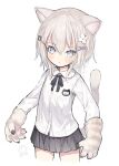  1girl :&lt; animal_ears animal_hands black_ribbon blue_eyes blush capriccio cat_ears cat_girl cat_tail closed_mouth collared_shirt commentary_request cropped_legs dated dress_shirt flower gloves grey_hair grey_skirt hair_between_eyes hair_flower hair_ornament hairclip looking_at_viewer neck_ribbon original paw_gloves paw_hair_ornament pleated_skirt ribbon shirt signature simple_background skirt solo standing tail white_background white_flower white_shirt 