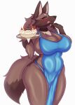 absurd_res anthro asutatinn61 big_breasts biped blush breasts brown_body brown_fur cake canid canine canis cleavage clothed clothing dessert domestic_dog female food fur green_eyes hi_res keisatsu_dog_(sususuigi) looking_at_viewer mammal simple_background solo swimwear white_background
