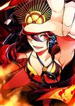  :d between_breasts bikini black_hair breasts collarbone fate/grand_order fate_(series) fire foreshortening from_above hat long_hair looking_at_viewer looking_up oda_nobunaga_(fate) oda_nobunaga_(swimsuit_berserker)_(fate) open_mouth outstretched_arm red_eyes sayvi shadow smile solo swimsuit 