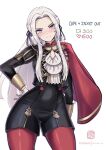  1girl artist_name blue_eyes cape chascoby edelgard_von_hresvelg english_commentary fire_emblem fire_emblem:_three_houses garreg_mach_monastery_uniform gloves hair_ribbon hand_on_own_hip highres leggings long_hair looking_at_viewer meme red_cape red_leggings ribbon solo twitter_strip_game_(meme) white_background white_gloves 