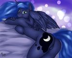  2017 abstract_background bed blue_eyes blue_feathers blue_fur blue_hair blue_theme breast_squish breasts brush_stroke butt cutie_mark equine feathered_wings feathers friendship_is_magic fur hair horn horse lying mammal my_little_pony nude pony pose presenting presenting_pussy princess_luna_(mlp) pussy signature smile winged_unicorn wings 