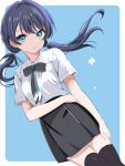  1girl arm_under_breasts black_skirt black_thighhighs blue_background blue_eyes blue_hair border collared_shirt commentary dutch_angle hair_flowing_over link!_like!_love_live! long_hair looking_at_viewer love_live! masaki_(masakinariya) murano_sayaka outside_border shirt short_sleeves sidelocks skirt solo standing thighhighs twintails upper_body white_border white_shirt 