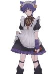  1boy animal_ears apron bell bishounen cat_boy cat_ears cowboy_shot genshin_impact hair_bell hair_ornament highres jewelry ketchup_bottle maid_apron maid_headdress male_focus necklace purple_eyes purple_hair scaramouche_(genshin_impact) short_hair simple_background solo white_background yamabuki_(yamabuki_xxxxx) 