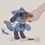  advos artist_name brown_background chibi food holding_sandwich out_of_frame pokemon pokemon_(creature) riolu simple_background solo_focus tail tail_wagging 