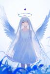  1girl ai-generated angel angel_wings blue_halo blurry blurry_edges blurry_foreground commentary dress feet_out_of_frame film_grain from_below half-closed_eyes halo highres long_hair looking_at_viewer original parted_lips purple_eyes solo straight_hair very_long_hair white_background white_dress white_hair wings yasua_5 