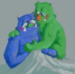 2022 anthro bed_sheet bedding blue_body blue_fur blue_hair blush bugsnax canon_couple digital_media_(artwork) duo eye_contact female fur green_body green_eyes green_fur green_hair green_nose grumpus hair half-closed_eyes hand_on_chest hand_on_shoulder looking_at_another love male male/female narrowed_eyes orange_nose shaibey sharp_teeth sitting smile teeth triffany_lottablog tusks wambus_troubleham young_horses