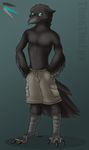  anthro avian beak biped bird claws clothed clothing corvid digital_media_(artwork) digitigrade_legs dikaios feathered_arms feathers hi_res male markings model_sheet raven shorts simple_background smile solo theothefox topless wing_markings 