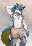 alibi-cami animal_genitalia animal_penis anthro blush bulge canid canine_genitalia canine_penis clothed clothing erection erection_under_clothing genitals hi_res knot looking_at_viewer male mammal muscular penis shower slim solo steam towel_around_waist
