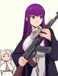  2girls :3 =_= absurdres ak-47 assault_rifle black_coat capelet coat dress fern_(sousou_no_frieren) frieren grey_hair gun highres holding holding_gun holding_weapon kalashnikov_rifle long_hair long_sleeves multiple_girls notice_lines parted_lips purple_eyes purple_hair raichiyo33 rifle simple_background sousou_no_frieren sparkle standing trembling twintails weapon white_background white_capelet white_dress wide_sleeves 