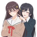  2girls amakuma arms_under_breasts bang_dream! bang_dream!_it&#039;s_mygo!!!!! black_hair black_jacket breasts brown_dress brown_hair closed_eyes closed_mouth collarbone collared_shirt commentary crossed_arms dress english_commentary frown hanasakigawa_school_uniform highres jacket long_hair long_sleeves love_live! love_live!_nijigasaki_high_school_idol_club medium_breasts mole mole_under_eye multiple_girls neck_ribbon nijigasaki_academy_school_uniform red_ribbon ribbon sailor_collar school_uniform shiina_taki shirt sidelocks teasing teeth upper_body upper_teeth_only v-shaped_eyebrows voice_actor_connection white_background white_sailor_collar white_shirt winter_uniform yuuki_setsuna_(love_live!) 