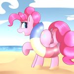  2017 anus beach blue_eyes cloud cutie_mark dock earth_pony equine female feral friendship_is_magic grin hair hi_res horse mammal my_little_pony neighday outside pink_hair pinkie_pie_(mlp) pony presenting pussy seaside sky smile solo 