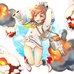  blue_sailor_collar blush brown_eyes brown_hair enemy_aircraft_(kantai_collection) explosion kantai_collection long_sleeves machinery ocean open_mouth panties pantyshot pose sailor_collar school_uniform serafuku sheepd short_hair solo turret underwear white_panties yukikaze_(kantai_collection) 