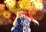  2girls blonde_hair blue_kimono brown_hair couple eye_contact face-to-face facing_another fate_testarossa festival fireworks floral_print floral_print_kimono holding_hands japanese_clothes kimono leoheart long_hair looking_at_another lyrical_nanoha multiple_girls night night_sky print_kimono red_eyes sky summer_festival takamachi_nanoha white_kimono wife_and_wife yukata yuri 