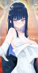  1girl absurdres bare_shoulders black_hair blue_archive blue_eyes breasts chankuro choker cleavage dress elbow_gloves gloves halo highres large_breasts long_hair looking_at_viewer official_alternate_costume outstretched_arm saori_(blue_archive) saori_(dress)_(blue_archive) white_dress white_gloves 