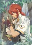  1boy 1girl blue_eyes blush brown_gloves closed_mouth coat commentary_request fingerless_gloves gloves gold_trim green_eyes grey_hair highres hug komegura leaf long_hair low_ponytail luke_fon_fabre medium_hair outdoors rain red_hair tales_of_(series) tales_of_the_abyss tear_grants tree white_coat white_gloves 
