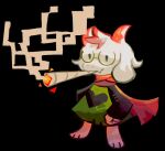  1boy animal_ears bajinns deltarune fangs fluffy glasses green_tunic horns meme pink_horns pink_scarf ralsei ralsei_smoking_a_blunt_(meme) scarf smoke smoking smoking_pipe tunic undertale white_fur 