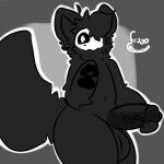 1:1 anthro balls black_body black_fur canid canine canis changed_(video_game) erection fr3yo fur genitals hi_res holding_penis looking_at_viewer male mammal monochrome pawpads penis pupils puro_(changed) solo vein veiny_penis white_pupils wolf