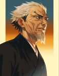  1boy akakokko_(niro_azarashi) akane-banashi arakawa_isshou black_kimono facial_hair full_body furrowed_brow goatee gradient_background grey_eyes japanese_clothes kimono looking_at_viewer male_focus old old_man parted_lips short_hair solo upper_body wrinkled_skin 