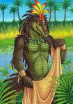  crocodile crocodilian detailed_background detailed_scales dreadlocks egyptian flower headdress jewelry looking_at_viewer male navel necklace nipple_piercing nipples nude orange_eyes palm_tree piercing plant reptile scalie smile solo tree ultraviolet water water_lily 