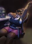 absurd_res ambiguous_gender anthro bear big_breasts bimbear breasts chair clothed clothing curvy_figure digital_media_(artwork) fur furniture hair hi_res huge_breasts humanoid mammal on_chair shintori sitting sitting_on_chair solo tank vehicle