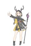  1girl antlers arknights bike_shorts black_dress black_footwear blonde_hair capelet casting_spell deer_antlers dress expressionless full_body highres holding holding_staff horns layered_dress leithanien_whisperer_(arknights) purple_eyes simple_background sokolov solo staff white_background 