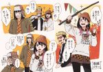  1girl 2boys akakokko_(niro_azarashi) akane-banashi anger_vein angry asagao_konjakutei aviator_cap black_hair black_pants black_pantyhose black_shirt blank_eyes blush_stickers brown_headwear brown_jacket brown_skirt clenched_hand clothes_writing covering_face delinquent earrings holding holding_stick jacket jewelry long_sideburns looking_at_another multiple_boys necklace nerimaya_karashi open_mouth orange-tinted_eyewear orange_shirt osaki_akane_(akane-banashi) pants pantyhose pompadour puff_of_air shirt sideburns skirt sparkle speech_bubble stick string_of_flags surprised sweatdrop tassel tassel_earrings teeth tinted_eyewear translation_request white_shirt 