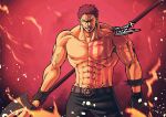  1boy abs absurdres arm_tattoo belt black_pants charlotte_katakuri chest_tattoo clenched_hand cowboy_shot english_commentary fangs gloves highres holding holding_weapon looking_at_viewer male_focus muscular muscular_male one_piece pants pink_hair solo stitched_face stitches tattoo topless_male trope_art twitter_username v-shaped_eyebrows weapon 