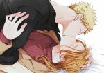  2boys 961_masashi black_shirt blonde_hair brown_coat closed_eyes coat ear_piercing given hand_in_another&#039;s_hair jewelry kaji_akihiko kiss light_blush long_hair long_sleeves male_focus multiple_boys nakayama_haruki on_bed piercing ponytail red_sweater ring shirt short_hair sweatdrop sweater white_background yaoi 