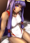  1girl bangs blush breasts dark_skin earrings facial_mark fate/grand_order fate_(series) highres jewelry large_breasts long_hair looking_at_viewer nitocris_(fate/grand_order) nitocris_(swimsuit_assassin)_(fate) one-piece_swimsuit purple_eyes purple_hair solo swimsuit 