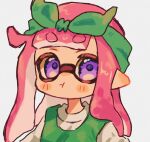  1girl bow bow_hairband commentary_request commission eyebrows_hidden_by_hair green_bow green_hairband hair_bow hairband highres inkling inkling_girl inkling_player_character long_hair looking_at_viewer ochocho2828 pink_hair pointy_ears pout purple_eyes simple_background solo splatoon_(series) tentacle_hair thick_eyebrows upper_body white_background 