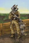  deerface_(artist) eyewear gun mammal raccoon ranged_weapon standing sunglasses tervos_(character) weapon 