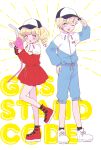  1boy 1girl ;d arm_up baseball_cap blonde_hair blue_eyes blue_jacket blue_pants brother_and_sister english_text full_body gas_pump_nozzle hand_on_headwear hand_on_own_hip hands_up hat highres holding hoshikuzu_(pinkholic) idol_time_pripara jacket long_hair long_sleeves looking_at_viewer one_eye_closed open_mouth pants pleated_skirt pretty_series pripara red_footwear red_jacket red_skirt shoes short_hair siblings skirt smile standing standing_on_one_leg twintails white_background white_footwear yumekawa_shogo yumekawa_yui 