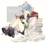  1boy animal_ears blue_eyes blue_hair book boots cat_boy cat_ears closed_mouth full_body holding holding_book lab_coat leon_geeste light_blue_hair looking_at_viewer male_focus shiraume_(hakubaian) short_hair shorts socks solo star_ocean star_ocean_the_second_story 