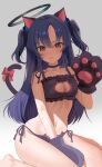  1girl absurdres animal_ears animal_hands black_bra black_choker black_gloves black_panties blue_archive blush bra breasts cat_cutout cat_ears cat_lingerie cat_paws cat_tail choker clothing_cutout collarbone gloves groin halo highres large_breasts long_hair looking_at_viewer mechanical_halo meme_attire navel open_mouth panties paw_gloves purple_eyes purple_hair ri_yonn solo tail two_side_up underwear yuuka_(blue_archive) 