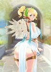  alternate_costume ass blonde_hair blue_eyes breasts cleavage covered_nipples feathered_wings highres large_breasts leaning_forward looking_at_viewer looking_back menhou mercy_(overwatch) overwatch panties pantyshot pout sideboob solo thigh_strap underwear winged_victory_mercy wings 