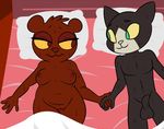  anthro balls bear bed black_fur breasts brown_fur cat danny_(nitw) feline female fourball fur hand_holding hi_res male mammal multicolored_fur night_in_the_woods nude penis pillow pussy selmers_(nitw) sweat two_tone_fur white_fur yellow_sclera 