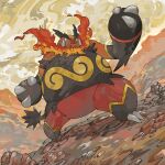  claws commentary_request day emboar fire frown highres legs_apart outdoors oyasuminjyutsu pokemon pokemon_(creature) red_eyes signature solo standing tusks 