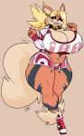 2023 ankle_tuft anthro arcanine athletic_wear big_breasts blonde_hair bottomwear bra breasts canid canine clothing colored_nails digital_media_(artwork) eyelashes female fluffy fluffy_tail footwear fur generation_1_pokemon gym_bottomwear gym_shorts hair hi_res hotpants huge_breasts jacket jinti_(artist) leg_tuft mammal nails navel nintendo open_mouth orange_body orange_fur pokemon pokemon_(species) pokemorph shoes shorts signature simple_background sneakers solo sports_bra tail thick_thighs topwear tuft underwear