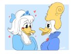 1700s_clothing alternate_species anatid anseriform anthro avian big_breasts big_chest big_hair bird blush breasts chest_tuft cleavage clothed clothing crown daisy_and_the_mysteries_of_paris daisy_duck disney duck duo female female/female french hair headgear lady_in_waiting lesbian_couple looking_at_chest looking_down lunula_(artist) marie_antoinette marie_ducklette non-mammal_breasts queen romantic romantic_couple royalty smile tuft