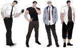  4boys bad_id bad_twitter_id balnom bara collared_shirt formal full_body gloves hand_on_own_chin head_tilt highres jacket large_pectorals looking_at_viewer male_focus mature_male multiple_boys muscular muscular_male necktie open_clothes open_jacket original pectorals shirt short_hair shorts standing stroking_own_chin t-shirt thick_eyebrows veins veiny_arms white_background 