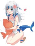  1girl animal_hood bare_shoulders bikini blue_eyes blue_hair blunt_bangs blush breasts fins fish_tail gawr_gura grey_hair h2o_(ddks2923) hair_ornament hololive hololive_english hood kneeling long_hair looking_to_the_side multicolored_hair open_mouth shark_girl shark_hair_ornament shark_tail sharp_teeth shrimp simple_background small_breasts smile solo streaked_hair striped_bikini striped_clothes stuffed_toy swimsuit tail teeth virtual_youtuber white_background 