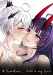  2girls ahoge bite_mark blue_eyes breasts commentary earrings hair_ornament highres honkai_(series) honkai_impact_3rd horns jewelry kiana_kaslana lipstick_mark medium_breasts multiple_girls nude ponytail purple_eyes purple_hair raiden_mei ryuuneart saliva saliva_trail simple_background symbol-only_commentary upper_body white_background white_hair yuri 